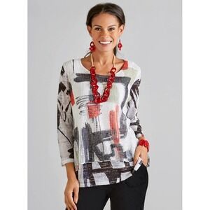 JESS & JANE 2X Black Ink Mesh Overlay Tunic Top Abstract Art Print Layered